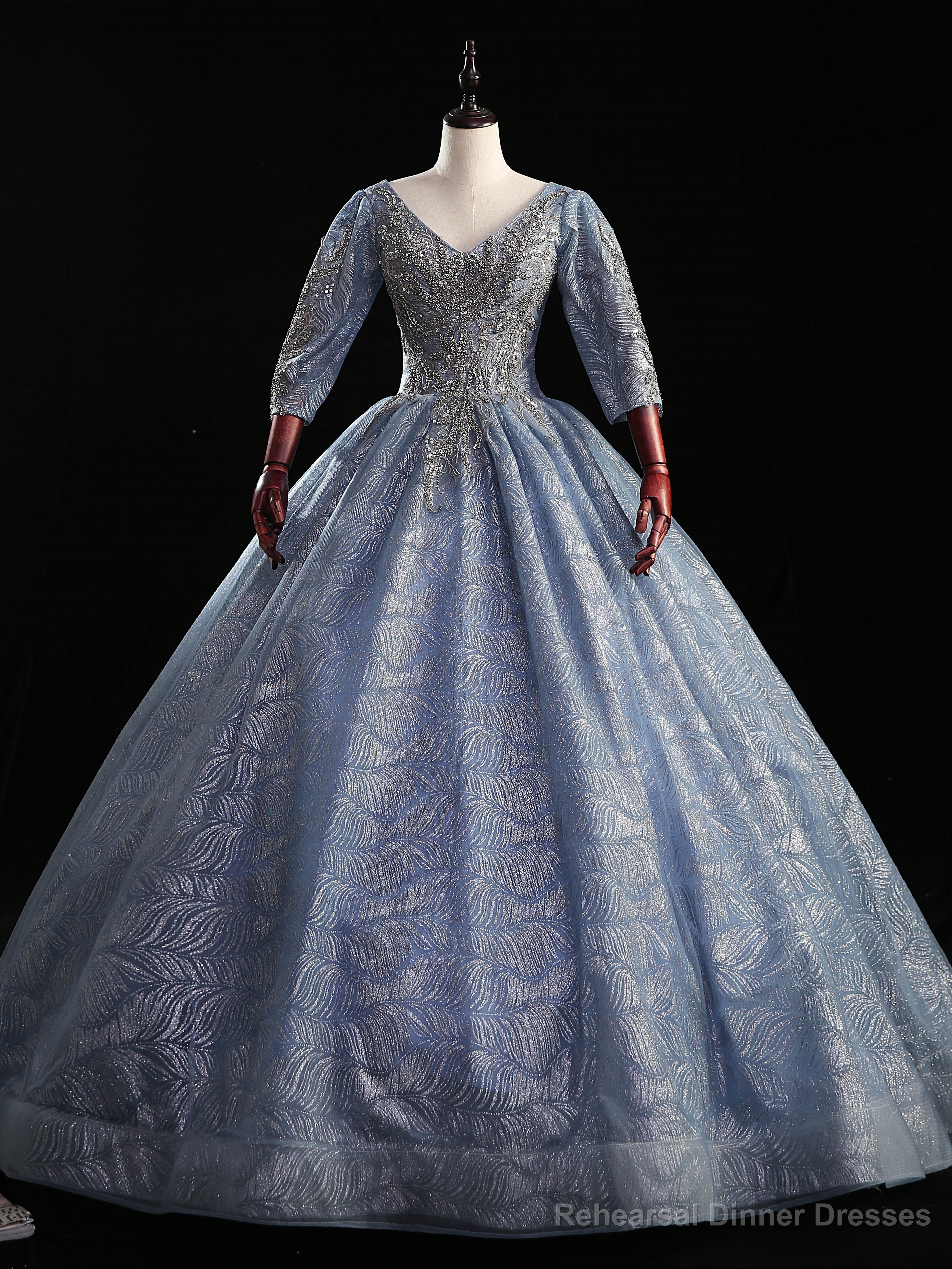 Haze Blue Sequins V-neck Beading Short Sleeve Quinceanera Dress Main image