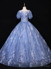 Haze Blue Tulle Sequins Puff Sleeve Quinceanera Dress