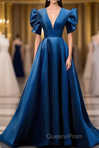 Blue V Neck Satin Short Sleeves Long Evening Prom Dress Blue Satin Evening Dress