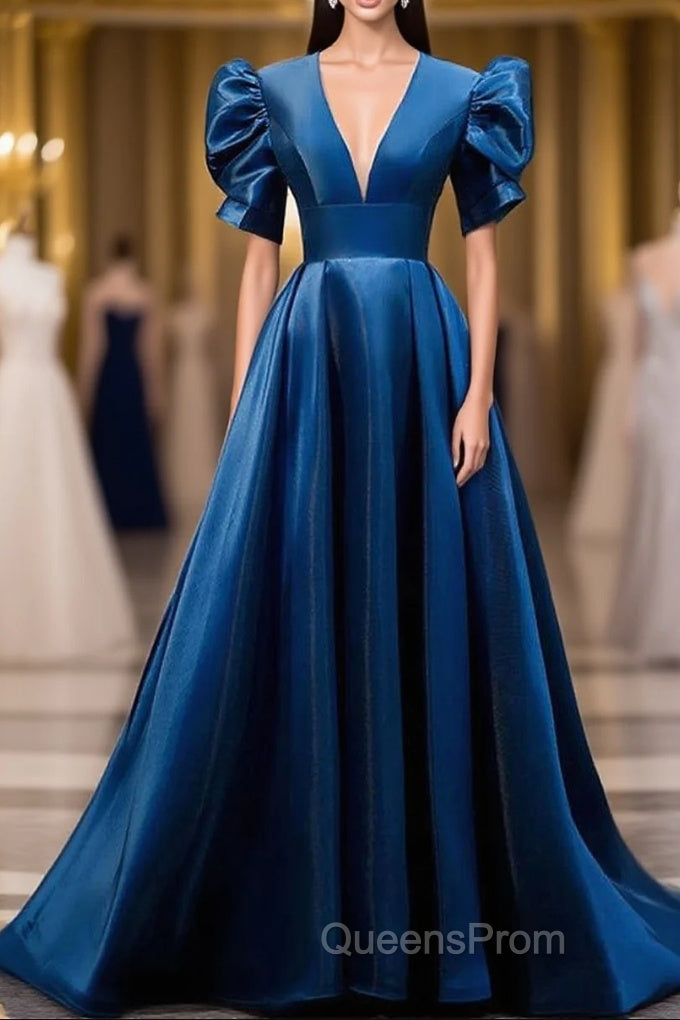 Blue V Neck Satin Short Sleeves Long Evening Prom Dress Blue Satin Evening Dress