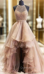 Hi Low Robe De Soiree Ball Gown High Collar Organza Lace Pearls Sexy Long Evening Prom Dress Evening Prom Gown Evening Dress