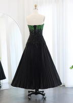 High-End Black And Green Color-Block A-Line Strapless Sequin Satin Long Classy Prom Dress