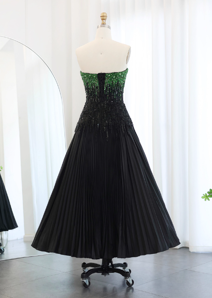 High-End Black And Green Color-Block A-Line Strapless Sequin Satin Long Classy Prom Dress
