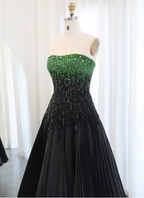 High-End Black And Green Color-Block A-Line Strapless Sequin Satin Long Classy Prom Dress
