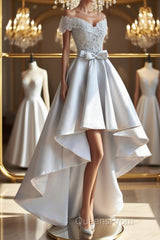 High Low Off Shoulder Gray Lace Evening Prom Dress, Off the Shoulder Gray Homecoming Dress, Gray Lace Formal Evening Dress