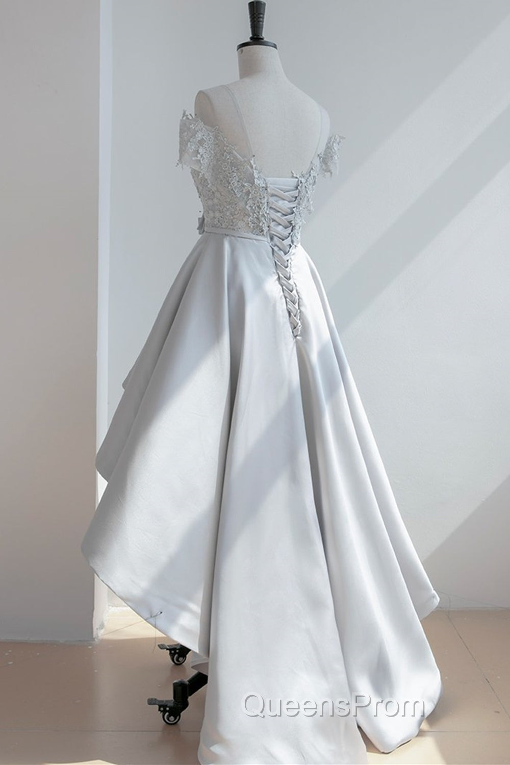 High Low Off Shoulder Gray Lace Evening Prom Dress, Off the Shoulder Gray Homecoming Dress, Gray Lace Formal Evening Dress