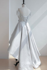 High Low Off Shoulder Gray Lace Evening Prom Dress, Off the Shoulder Gray Homecoming Dress, Gray Lace Formal Evening Dress