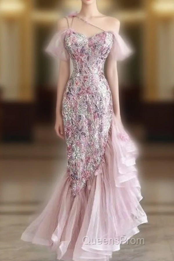 High Low Off The Shoulder Tulle Pink Tiered Evening Prom Dress Evening Dress Main image