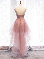 High Low Pink Lace Evening Prom Dress, Pink High Low Formal Graduation Homecoming Dress
