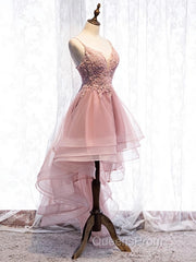 High Low Pink Lace Evening Prom Dress, Pink High Low Formal Graduation Homecoming Dress