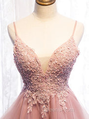 High Low Pink Lace Evening Prom Dress, Pink High Low Formal Graduation Homecoming Dress