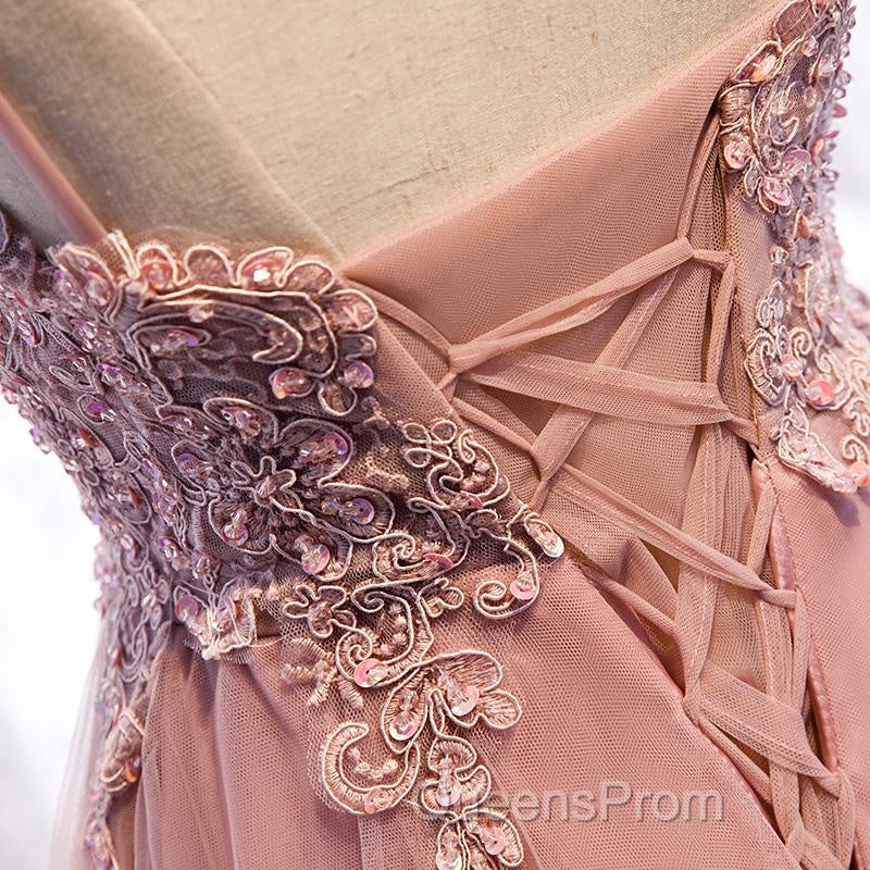 High Low Pink Lace Evening Prom Dress, Pink High Low Formal Graduation Homecoming Dress