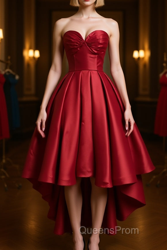 High Low Sweetheart Neck Strapless Backless Satin Red Evening Prom Dress, Red Graduation Dress, Red Backless Formal Evening Dress