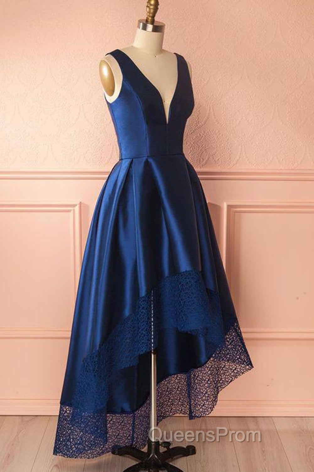 High Low V Neck Blue Satin Evening Prom Dress, Open Back Blue Formal Dress, Blue Evening Dress Secondary image