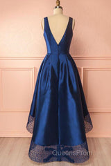 High Low V Neck Blue Satin Evening Prom Dress, Open Back Blue Formal Dress, Blue Evening Dress