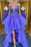 High Low V Neck Purple Lace Long Evening Prom Dress, Lilac Lace Formal Dress, Purple Evening Dress