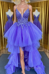 High Low V Neck Purple Lace Long Evening Prom Dress, Lilac Lace Formal Dress, Purple Evening Dress