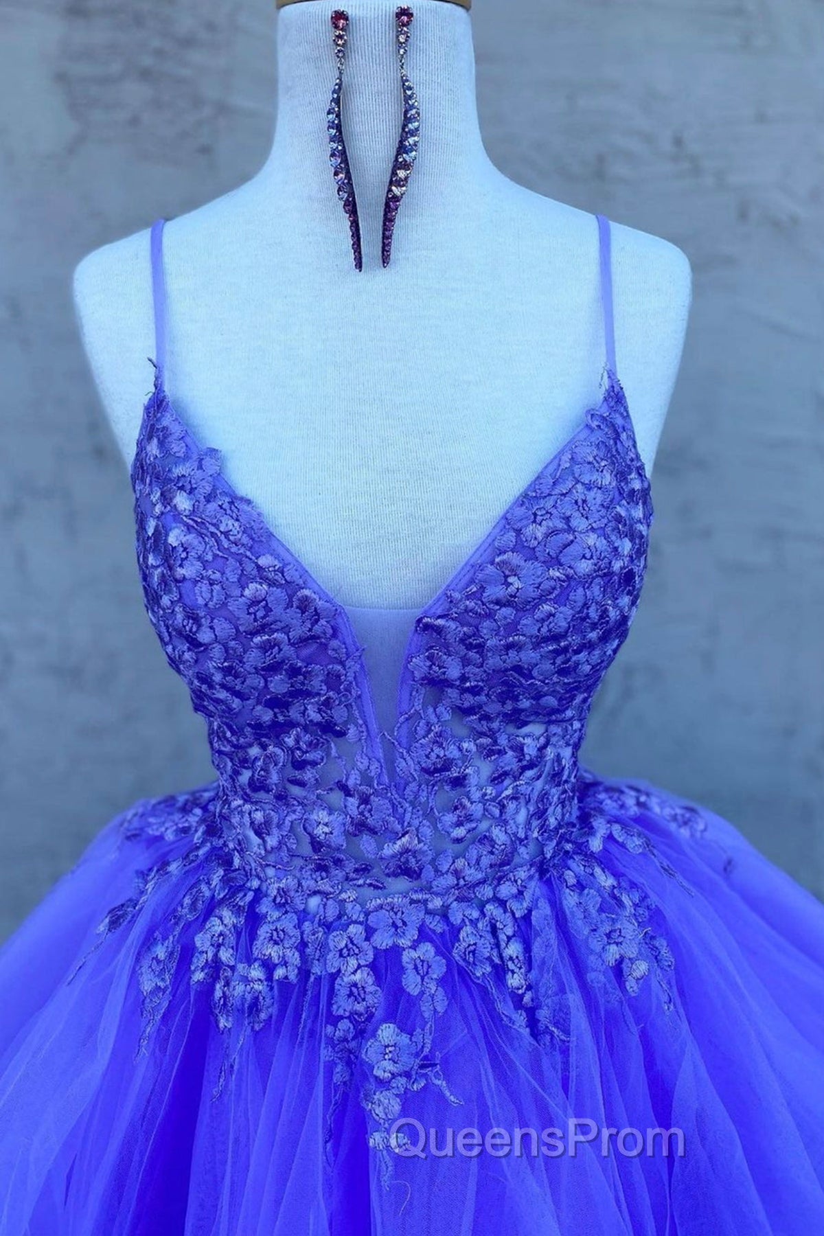 High Low V Neck Purple Lace Long Evening Prom Dress, Lilac Lace Formal Dress, Purple Evening Dress
