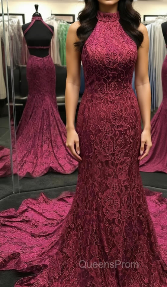 High Neck Backless Burgundy Lace long Evening Prom Dress, Long Burgundy Lace Formal Evening Dress, Burgundy Ball Gown Main image