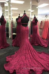 High Neck Backless Burgundy Lace long Evening Prom Dress, Long Burgundy Lace Formal Evening Dress, Burgundy Ball Gown