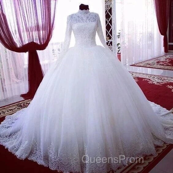 High Neck Ball Gown Muslim Wedding Dress Lace Applique Long Sleeves Bridal Wear