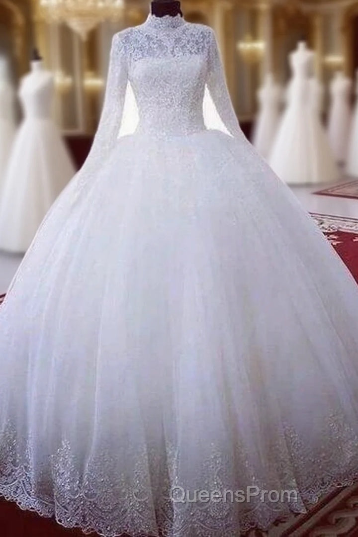 High Neck Ball Gown Muslim Wedding Dress Lace Applique Long Sleeves Bridal Wear Main image