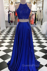 High Neck Blue Two Pieces Long Evening Prom Dress