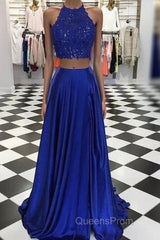 High Neck Blue Two Pieces Long Evening Prom Dress