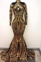 High Neck Golden Appliques Mermaid Long Sleevess Prom Dresses