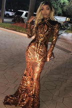 High Neck Golden Appliques Mermaid Long Sleevess Prom Dresses