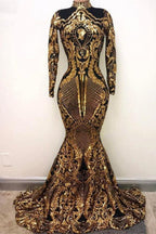 High Neck Golden Appliques Mermaid Long Sleevess Prom Dresses