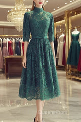 High Neck Half Sleeves Green Lace Evening Prom Dress, Green Lace Formal Graduation Homecoming Dress