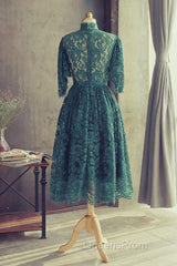 High Neck Half Sleeves Green Lace Evening Prom Dress, Green Lace Formal Graduation Homecoming Dress