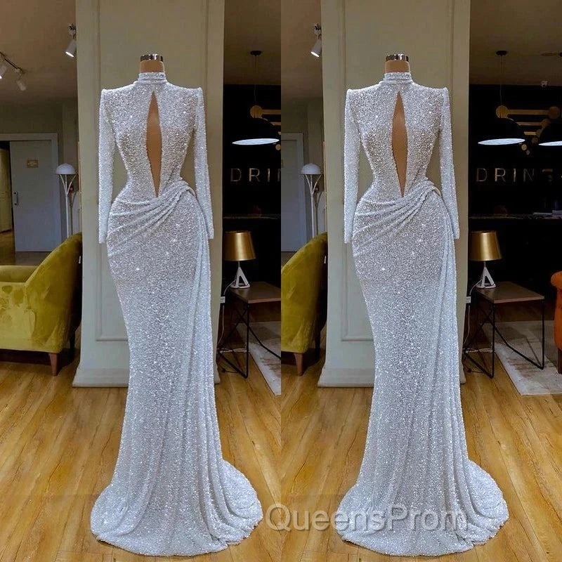 High Neck Keyhole Long Sleeve Sequin White Evening Prom Dress Secondary image