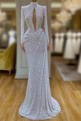 High Neck Keyhole Long Sleeve Sequin White Evening Prom Dress