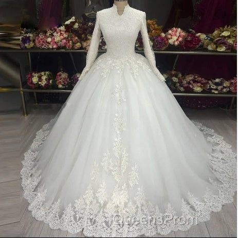High Neck Lace Long Sleeves Muslim Wedding Dress For Women Vestido De Noiva