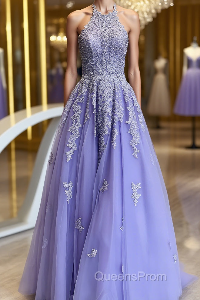 High Neck Long Purple Lace Evening Prom Dress, Purple Lace Formal Evening Dress Main image
