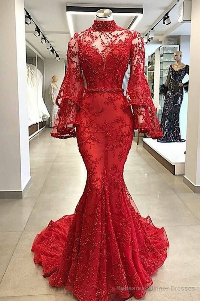 High Neck Long Sleevess Mermaid Beading Applique Chapel Train Prom Party Gowns Main image