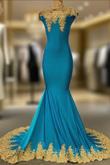 High Neck Mermaid Gold Lace Evening Prom Dress with Chic Keyhole