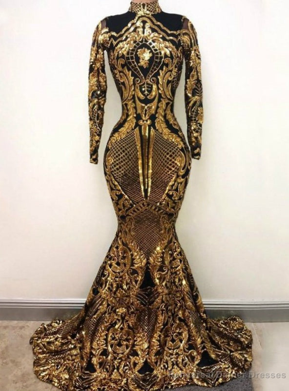 High Neck Mermaid Long Sleeve Gold Sequin Sparkly Prom Dress