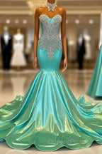 High Neck Mermaid Mint Green Satin Evening Prom Dress