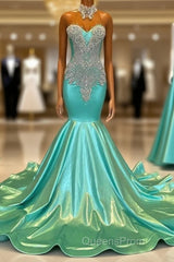 High Neck Mermaid Mint Green Satin Evening Prom Dress