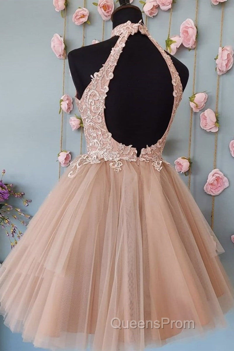 High Neck Open Back Short Champagne Lace Evening Prom Dress, Backless Champagne Lace Formal Graduation Dress, Champagne Lace Homecoming Dress Secondary image