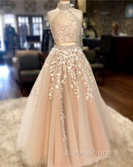 High Neck Open Back Tulle Evening Prom Dress Two Piece Quinceanera Dress Ball Gowns