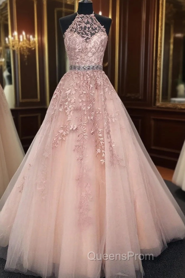 High Neck Pink Lace Evening Prom Dress, Pink Lace Formal Evening Graduation Dress Main image