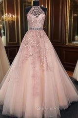 High Neck Pink Lace Evening Prom Dress, Pink Lace Formal Evening Graduation Dress