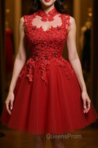 High Neck Red Lace Short Evening Prom Dress, Red Lace Homecoming Dress, Red Formal Graduation Evening Dress