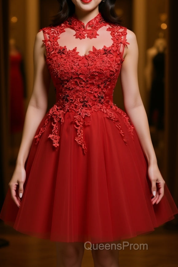 High Neck Red Lace Short Evening Prom Dress, Red Lace Homecoming Dress, Red Formal Graduation Evening Dress