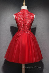 High Neck Red Lace Short Evening Prom Dress, Red Lace Homecoming Dress, Red Formal Graduation Evening Dress