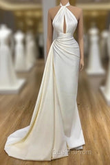 High Neck Satin Ivory Keyhole Ruched Evening Prom Dress